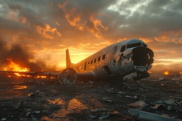 a wrecked plane near a field covered in debris, in a desert, photo landscapes