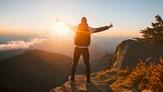 The moment a mountaineer on top of a mountain celebrates his success by raising his hands at the summit at sunrise. Person on the top of the mountain.