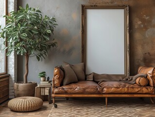 mockup of an empty blank poster frame in a traditional living room