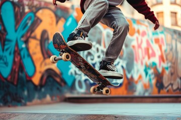 Dynamic urban skateboarding scene with graffiti background