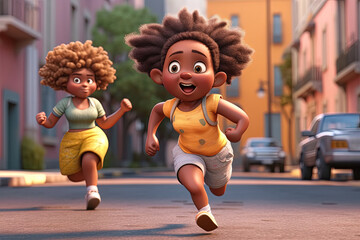 Joyful Sprint: Two Energetic Kids Dashing Along a Vibrant Urban Lane