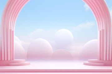 Pastel abstract illustration depicting pink arched staircase steps with empty space for mock up product presentation against a blue sky background