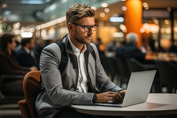Fototapeta premium A focused man sitting at a wooden table, completely engrossed in his laptop computer, transcending boundaries of time and space.