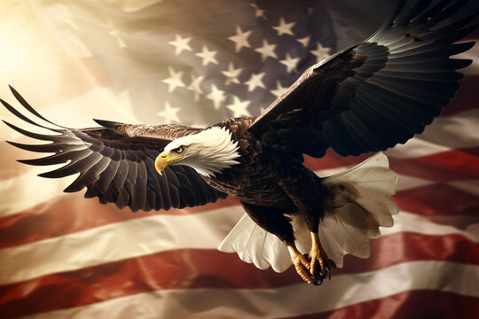 Bald eagle and American flag on background. Strong patriotic symbols.