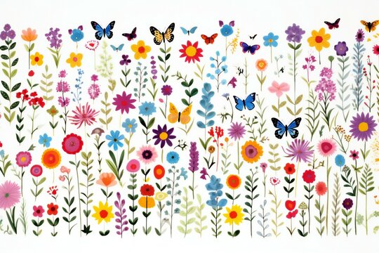 Floral background with butterflies and flowers,  Hand-drawn illustration