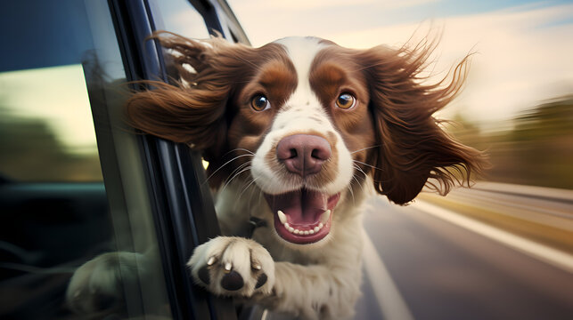 dog sticking its head out of car window during drive