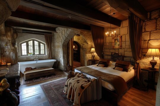 Enchanted castle hotel with royal suites and medieval banquets