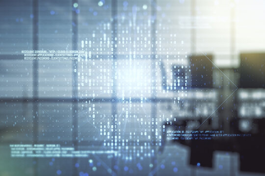 Abstract virtual code skull illustration on a modern conference room background. Hacking and phishing concept. Multiexposure