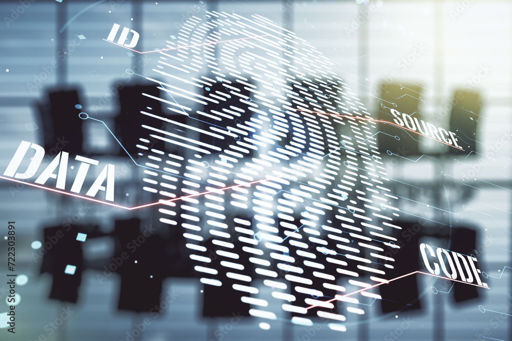 Poster multi exposure of virtual fingerprint scan interface on a modern furnished office interior backgroun