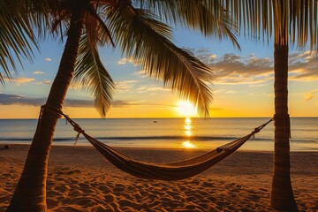 Golden hour at the beach with palms and hammock