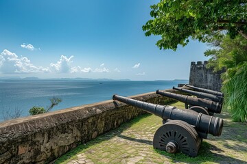 Fototapeta na wymiar Historic coastal fortress with cannon exhibits and ocean overlooks