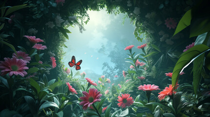 Fototapeta na wymiar Beautiful enchanted landscape. Fantasy garden background. Magic meadow with spring blooming flowers. Copy space. Fairy tale banner.