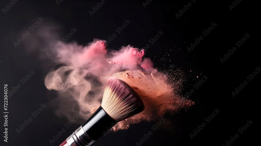 Wall mural Cosmetic brush with pink powder in motion spreading on black background. No people. Cosmetic Background concept. Illustration. Generative AI