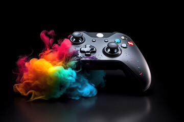 game controller, joystick, gamepad with colorful powder explosion on background .Video games. Illustration. Generative AI