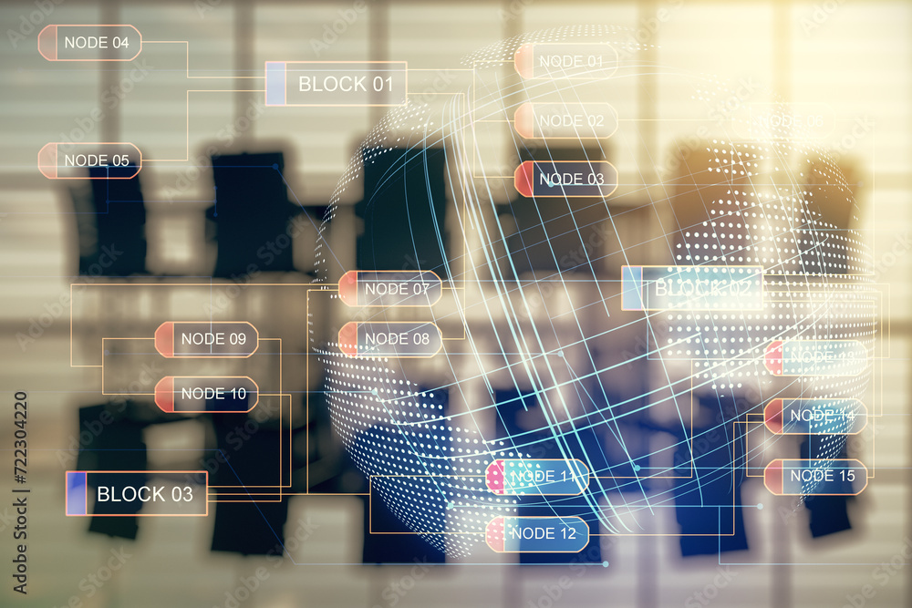 Leinwandbilder double exposure of abstract creative programming illustration and world map on a modern boardroom ba