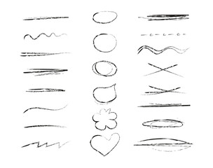 Hand drawn collection of different diary scribble lines and elements. Marker pen underline and strikethrough strokes for Note book. Swift crossed and wavy highlight markers for scribbling pad