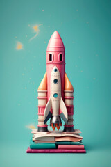 Fototapeta premium A rocket blasting off from a stack of books, vibrant candy pastel colors, on plain background, Learning is fun.