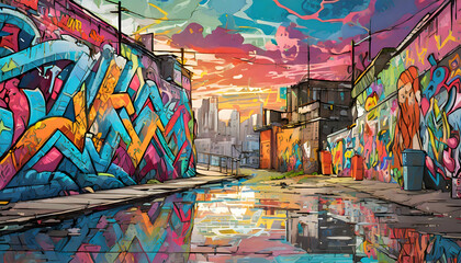 An urban setting with a graffiti-covered wall, offering a vibrant and edgy atmosphere.