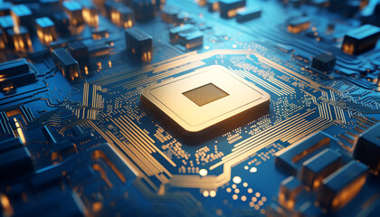 close-up micro chip on an electronic circuit board, microcircuit in blue and gold tones, world technology concept