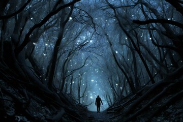 Mysterious dark forest with a man in the middle of the path