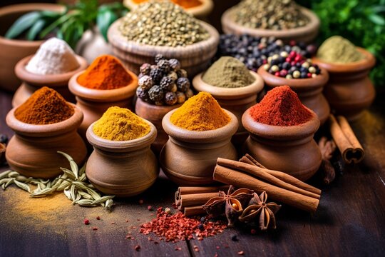 Different types of spices, plenty colorful powders and seeds to improve flavor of food