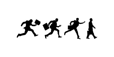 Worker or businessman in a suit running fast silhouette. Set of a  running businessman in a suit holding a briefcase or suitcase and paper silhouette.