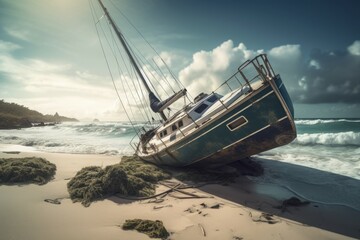 Yacht wrecked after hurricane washes. Damaged sailing boat on lost island beach. Generate ai