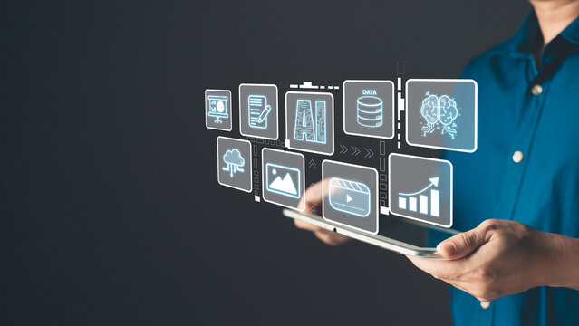 Man hold icon ai and use tablet, Marketers education, research, analyze media video streaming content creation and online marketing strategies to grow their digital business.