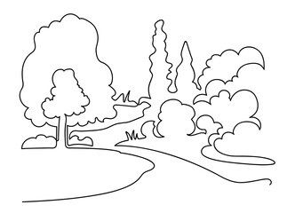 Landscaped park with paths and trees. A place to relax in nature. Continuous line drawing illustration. autumn