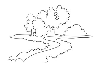 Landscaped park with paths and trees. A place to relax in nature. Continuous line drawing illustration. autumn
