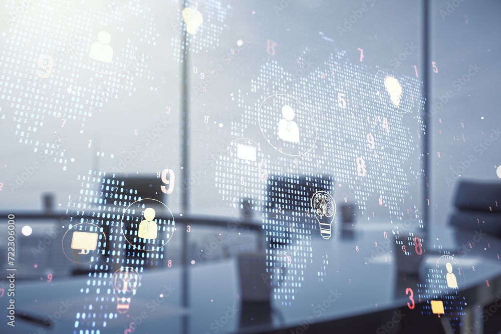 Aufkleber double exposure of social network icons hologram and world map on a modern meeting room background. 