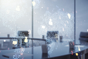 Double exposure of social network icons hologram and world map on a modern meeting room background. Marketing and promotion concept