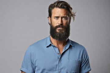 Fototapeta premium Portrait of a handsome man with beard and mustache in blue shirt