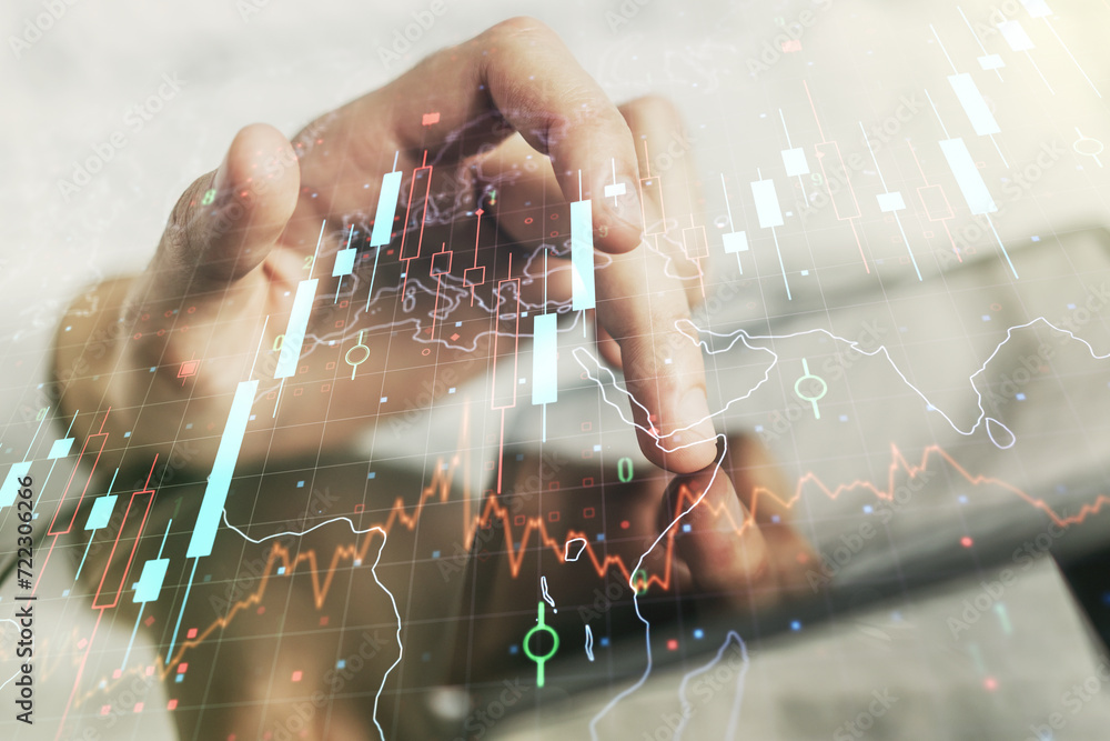 Poster Multi exposure of abstract creative financial chart with world map and with finger presses on a digital tablet on background, research and analytics concept