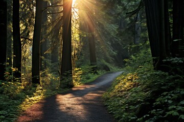 Sunset in a redwood forest in summer with rays of light