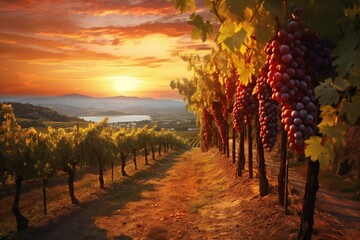 Ripe grapes in vineyard at sunset,  Tuscany, Italy - obrazy, fototapety, plakaty