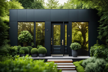 Black front door of green house with trees - obrazy, fototapety, plakaty