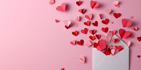  a pink background with a white envelope in the bottom pink hearts background