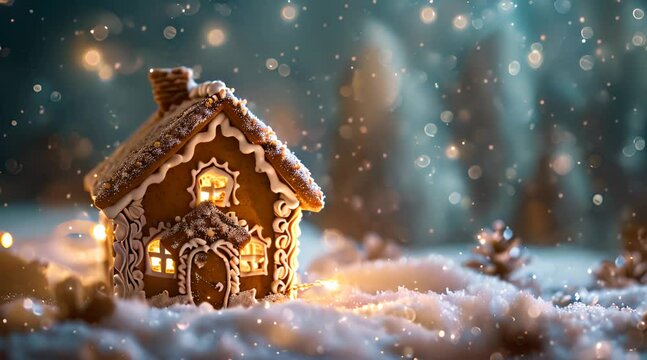 a gingerbread house with a lit candle in the snow