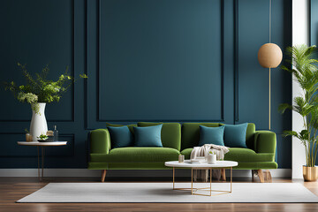 Bright and cozy modern living room interior with green sofa and decoration room on empty dark blue or green wall background 