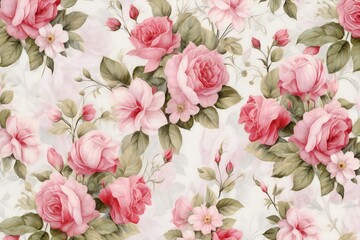 Vintage floral background with roses and leaves,  Seamless pattern - obrazy, fototapety, plakaty