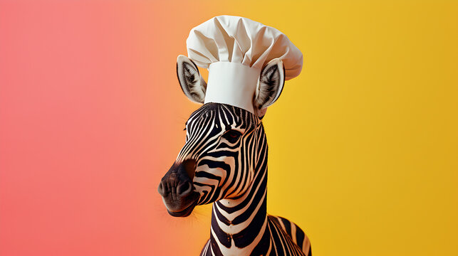 Funny Zebra Wearing Chef Hat on Orange Background