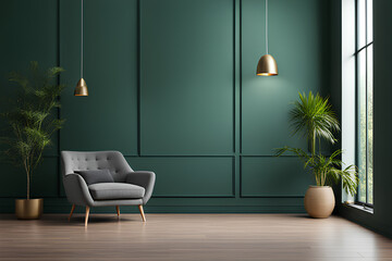 Living room with gray armchair on empty dark green wall background