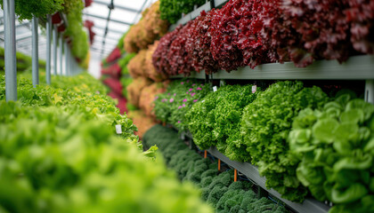  Fresh organic vegetable grown using aquaponic vertical farming and hydroponics  - obrazy, fototapety, plakaty