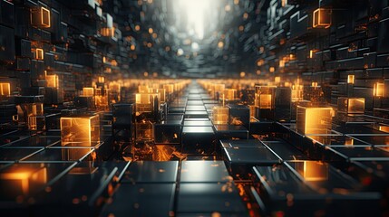 An abstract technology communication concept featuring black cubes and interwoven geometric elements, resembling a virtual reality environment