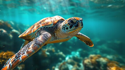 Obraz premium Tranquil turtle swimming in the soft green sea