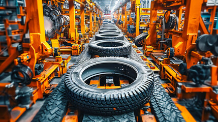 Industrial Factory Interior Specializing in Transportation Equipment: Manufacturing Line for Auto Tires and Rubber Wheels - obrazy, fototapety, plakaty