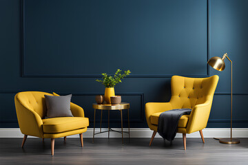 Living room with yellow armchair on empty dark blue wall background