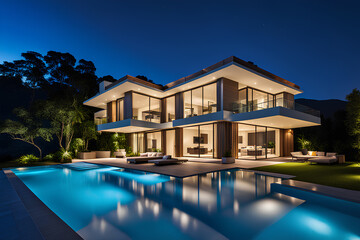 Luxury house with swimming pool illuminated at night