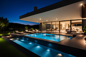 Luxury house with swimming pool illuminated at night